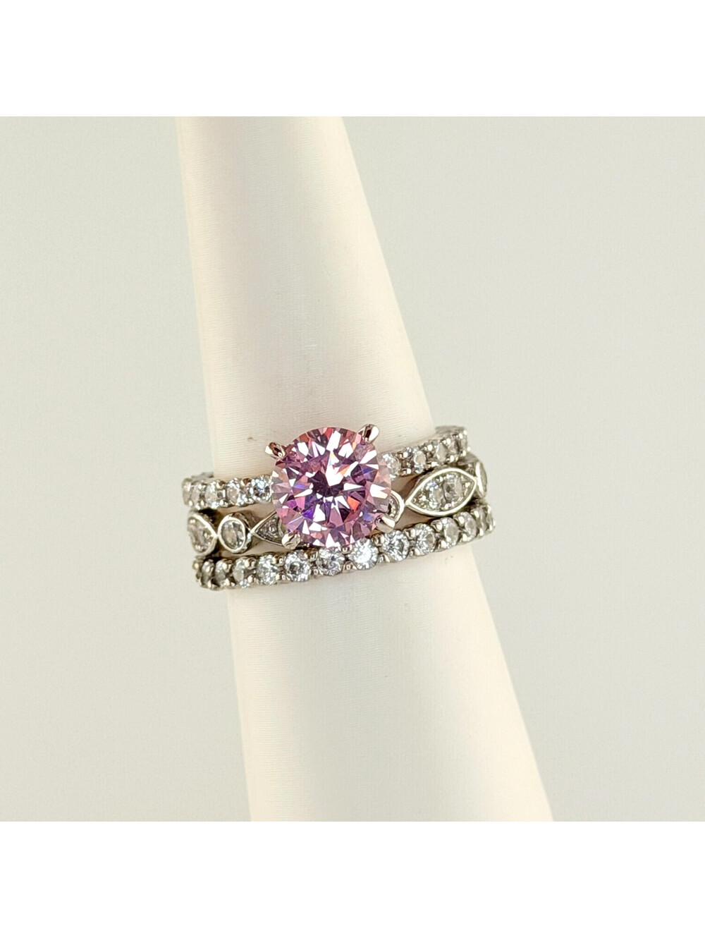 Bomb Party 3pc Sz 10 Pink Moonstone & White Frost on Rhodium RBP2178 RETRO HTF